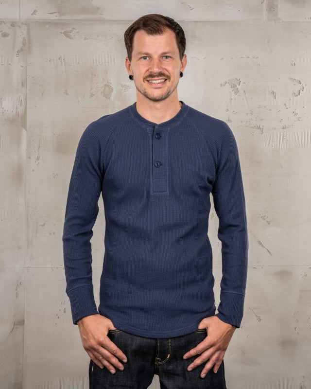 Pike Brothers 1936 Waffle Shirt Shadow Blue Herren Henley Baumwolle Vintage Stil